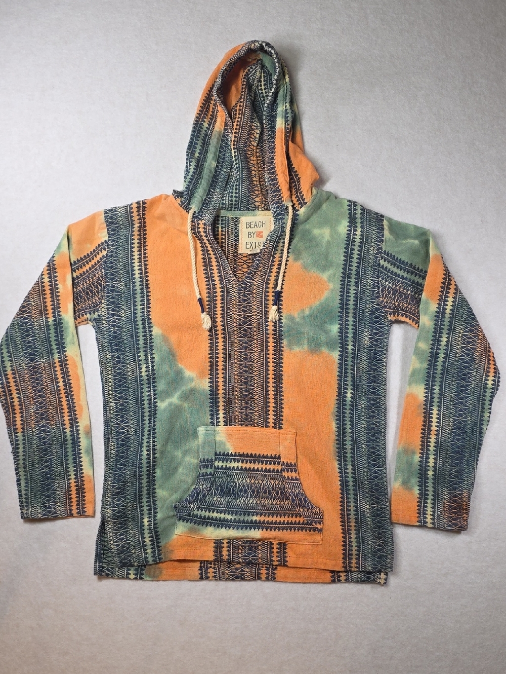 Orange Green Blue Tie Dye Embroidered Baja Pullover Hoodie 100% Cotton
